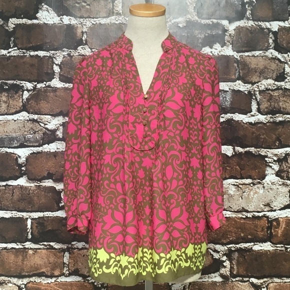 Banana Republic Shirt Top Blouse Pink Brown Damask Small - Picture 1 of 11